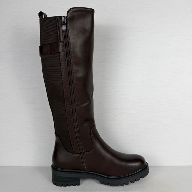 Hoge leatherlook laarzen met elastiek en gesp bruin