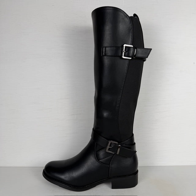 Hoge leatherlook laarzen met elastiek en gespjes zwart (Verkrijgbaar t/m maat 43)