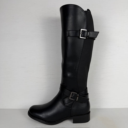 Hoge leatherlook laarzen met elastiek en gespjes zwart (Verkrijgbaar t/m maat 43)