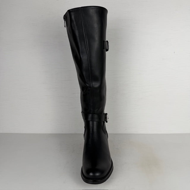 Hoge leatherlook laarzen met elastiek en gespjes zwart (Verkrijgbaar t/m maat 43)