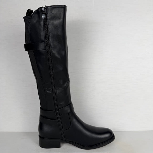 Hoge leatherlook laarzen met elastiek en gespjes zwart (Verkrijgbaar t/m maat 43)