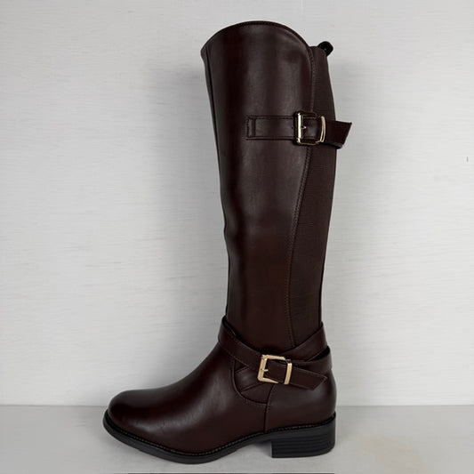 Hoge leatherlook laarzen met elastiek en gespjes bruin (Verkrijgbaar t/m maat 43)
