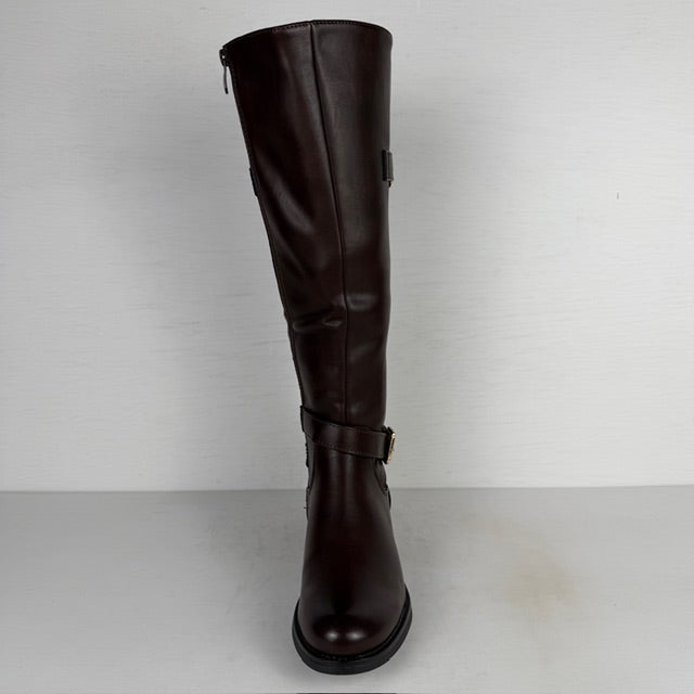 Hoge leatherlook laarzen met elastiek en gespjes bruin (Verkrijgbaar t/m maat 43)