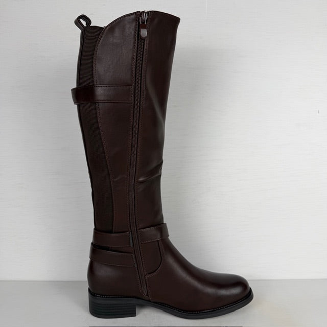 Hoge leatherlook laarzen met elastiek en gespjes bruin (Verkrijgbaar t/m maat 43)