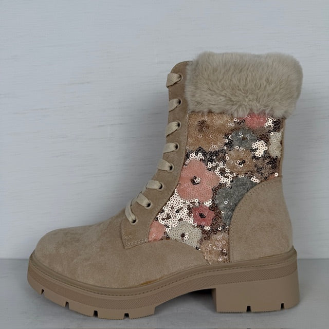 Suèdine veterboots met bloemenprint beige
