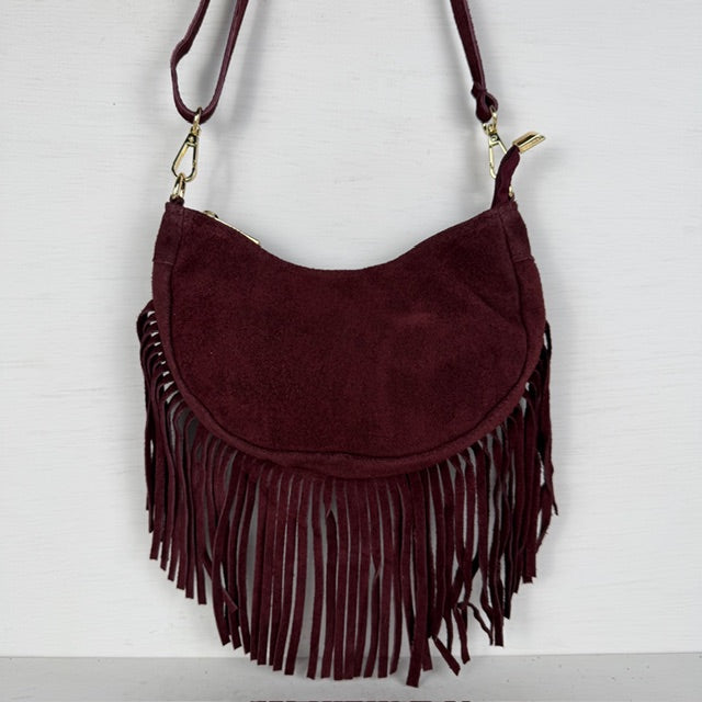 Real leather schoudertasje met franjes bordeaux rood