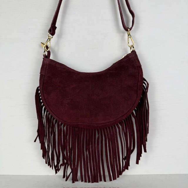 Real leather schoudertasje met franjes bordeaux rood