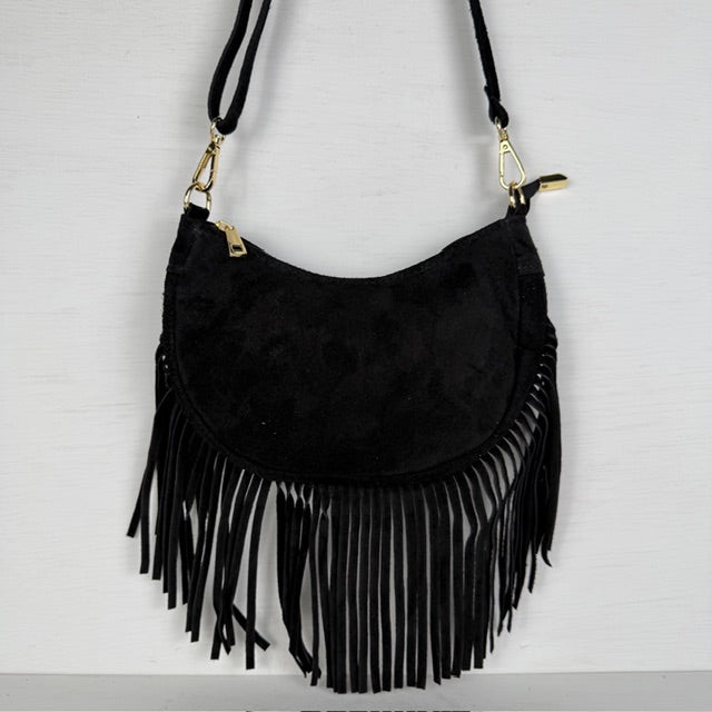 Real leather schoudertasje met franjes zwart
