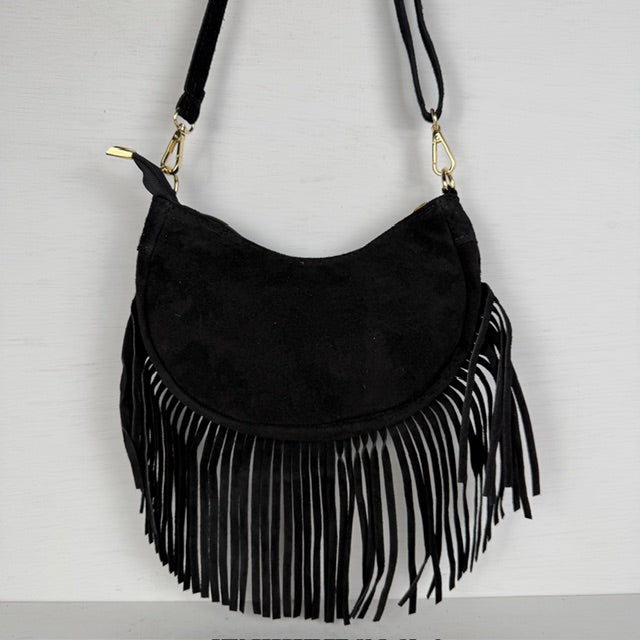 Real leather schoudertasje met franjes zwart