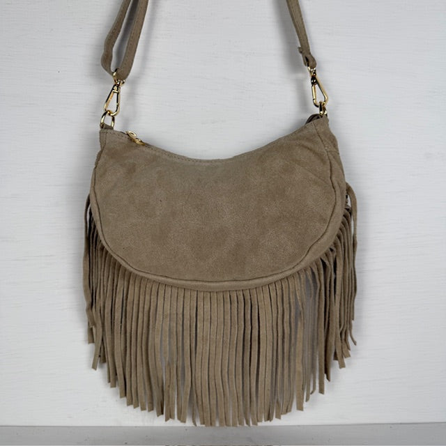 Real leather schoudertasje met franjes beige