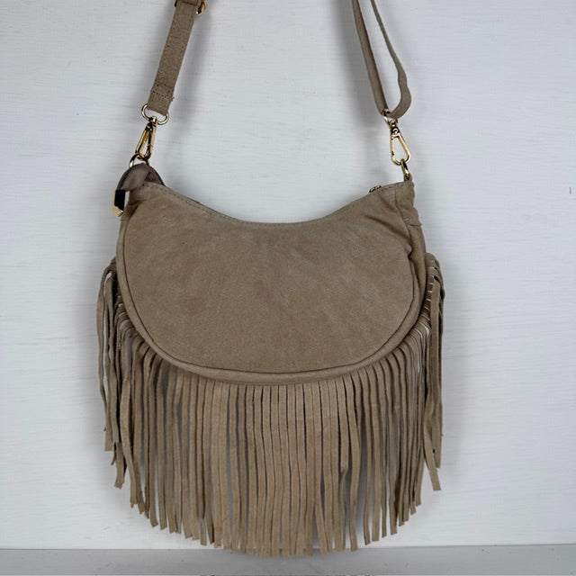Real leather schoudertasje met franjes beige
