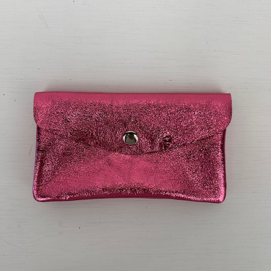 Real leather metallic portemonnee roze