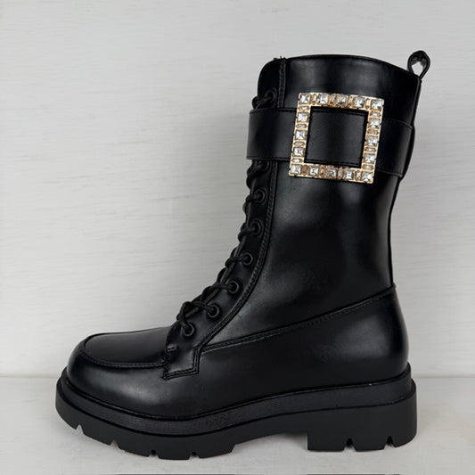 Leatherlook veterboots met shiny detail zwart