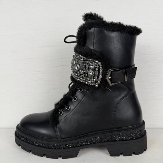 Shiny veterboots met furry randje zwart