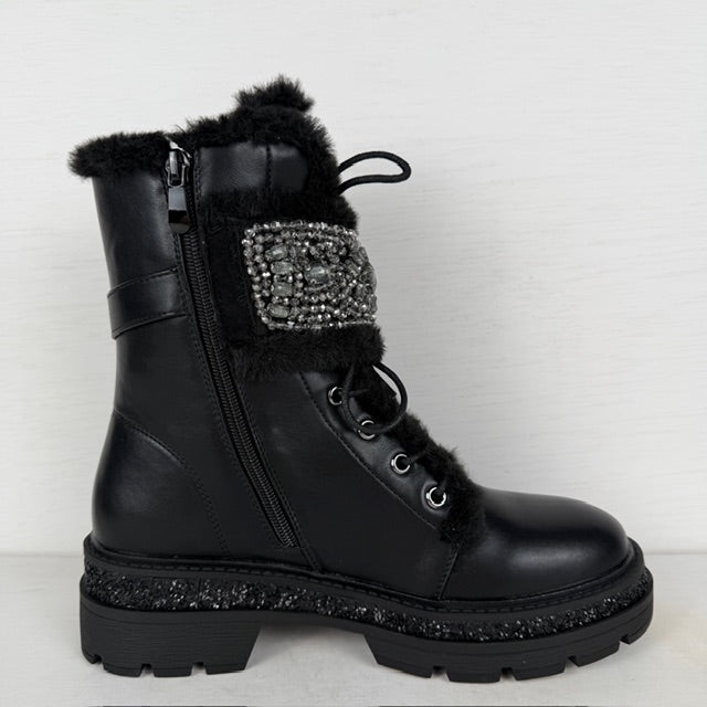 Shiny veterboots met furry randje zwart