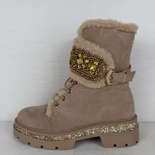 Shiny veterboots met furry randje khaki