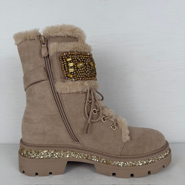Shiny veterboots met furry randje khaki