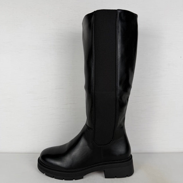 Hoge leatherlook laarzen met elastiek en lage hak zwart
