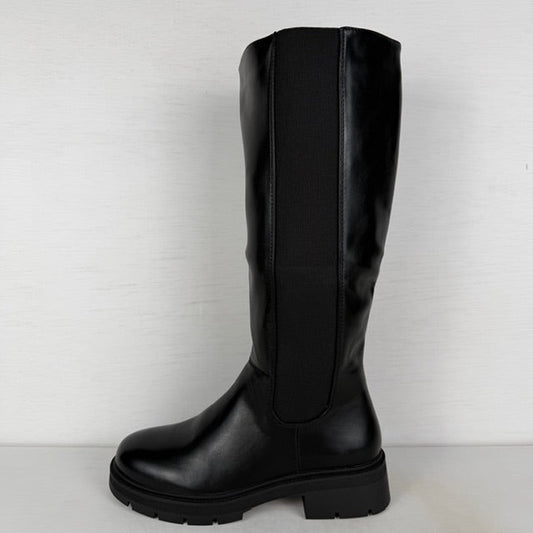 Hoge leatherlook laarzen met elastiek en lage hak zwart