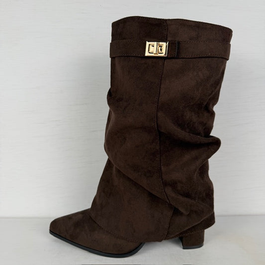 Suèdine laarzen met slouchy flap en hoge hak bruin