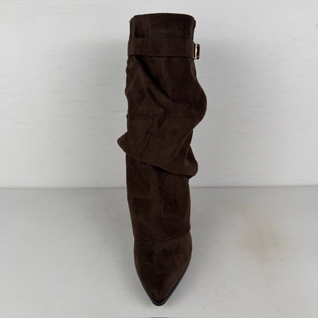 Suèdine laarzen met slouchy flap en hoge hak bruin