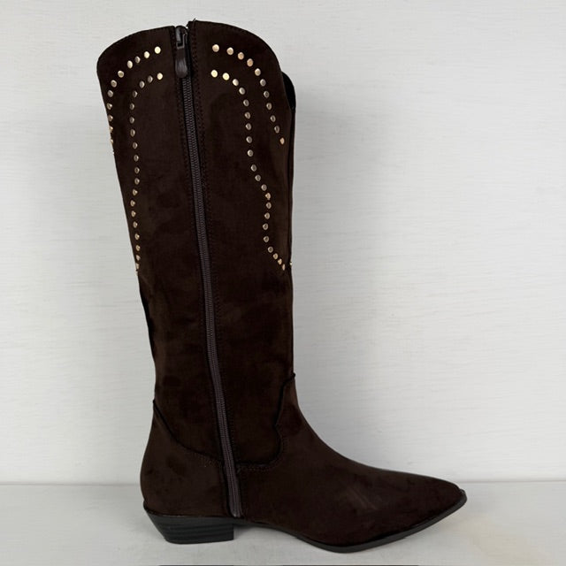 Hoge suèdine cowboylaarzen met studs en lage hak bruin