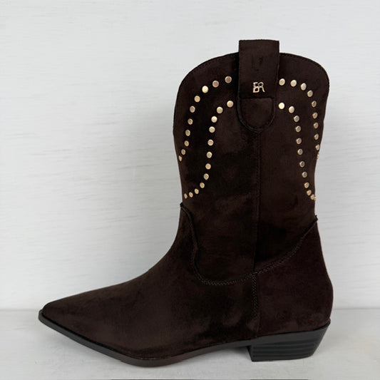 Suèdine cowboylaarzen met studs en lage hak bruin