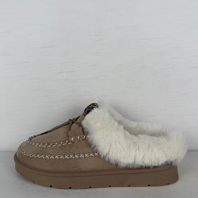 Instap pantoffels met furry randje khaki