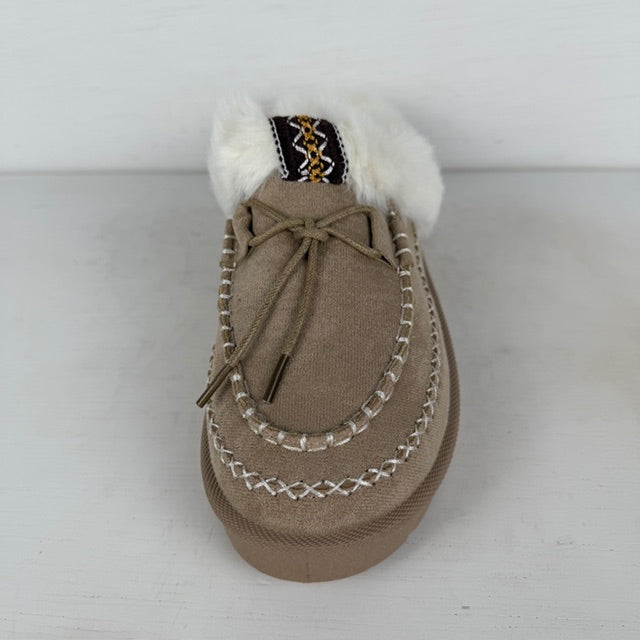 Instap pantoffels met furry randje khaki