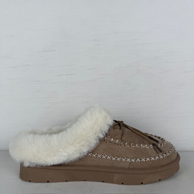 Instap pantoffels met furry randje khaki
