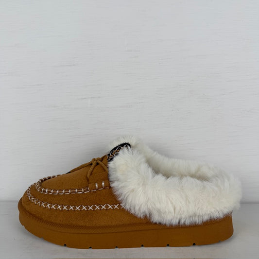 Instap pantoffels met furry randje camel