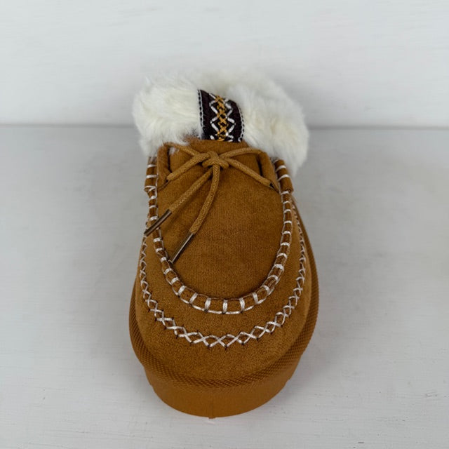 Instap pantoffels met furry randje camel