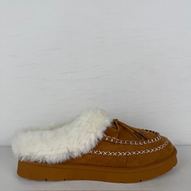 Instap pantoffels met furry randje camel