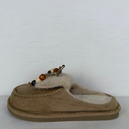 Furry pantoffels met franjes khaki