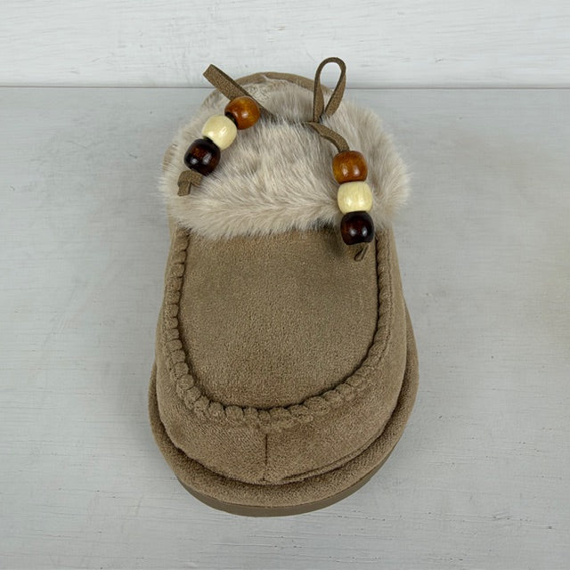 Furry pantoffels met franjes khaki
