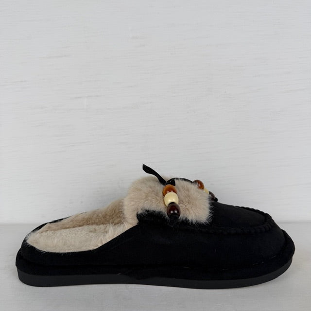Furry pantoffels met franjes zwart