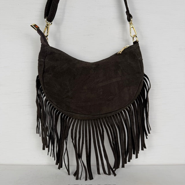 Real leather schoudertasje met franjes donkerbruin