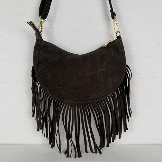 Real leather schoudertasje met franjes donkerbruin