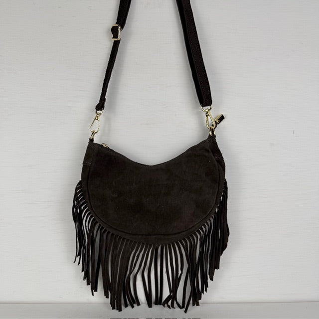 Real leather schoudertasje met franjes donkerbruin