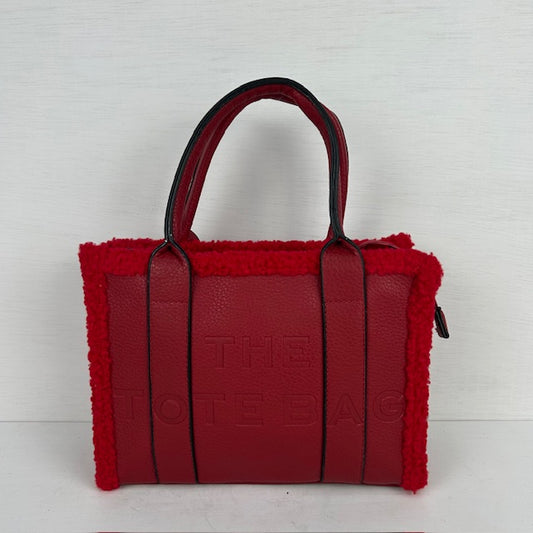 Tote bag met teddy randje klein rood