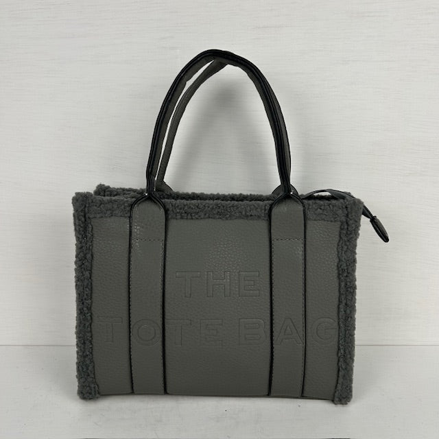 Tote bag met teddy randje klein grijs
