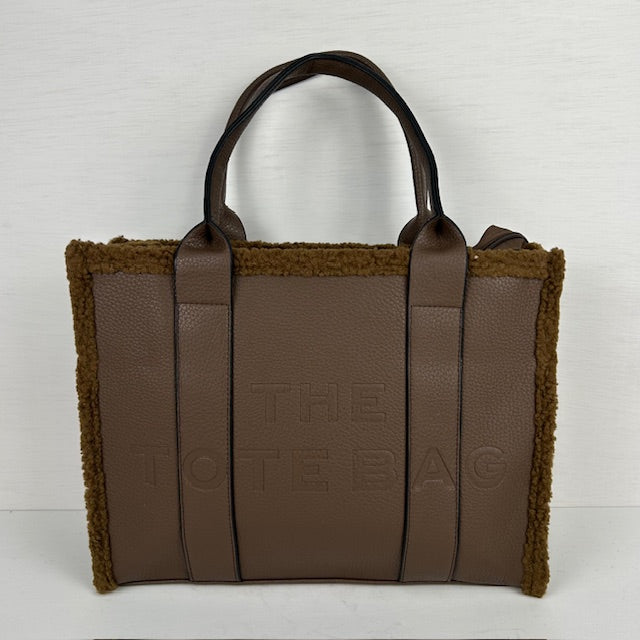 Tote bag met teddy randje groot khaki