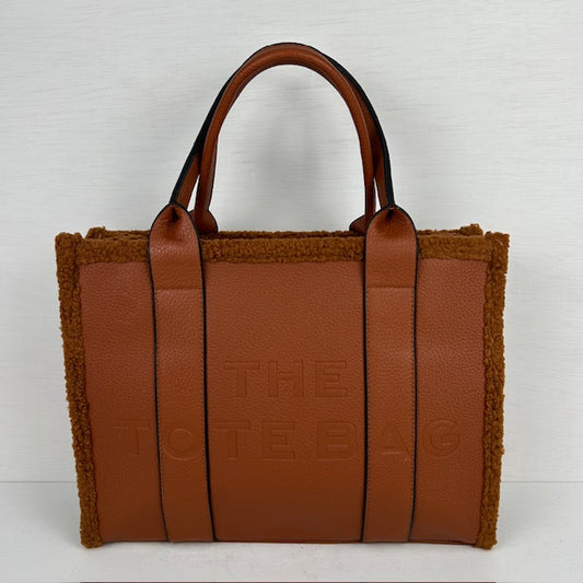 Tote bag met teddy randje groot bruin