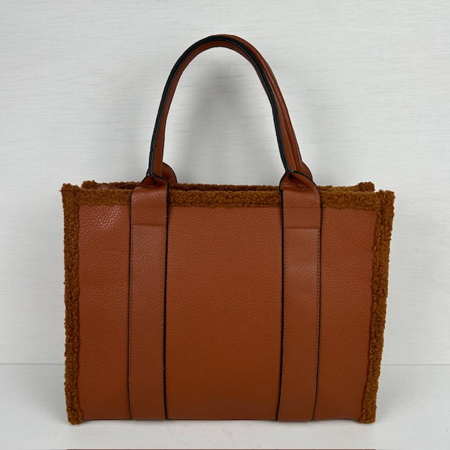 Tote bag met teddy randje groot bruin