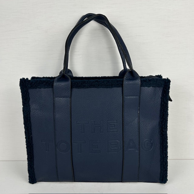 Tote bag met teddy randje groot donkerblauw
