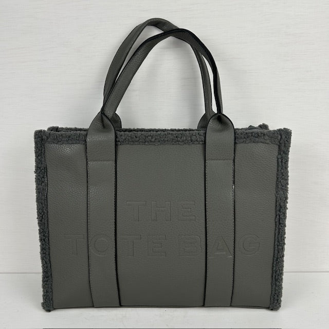 Tote bag met teddy randje groot grijs