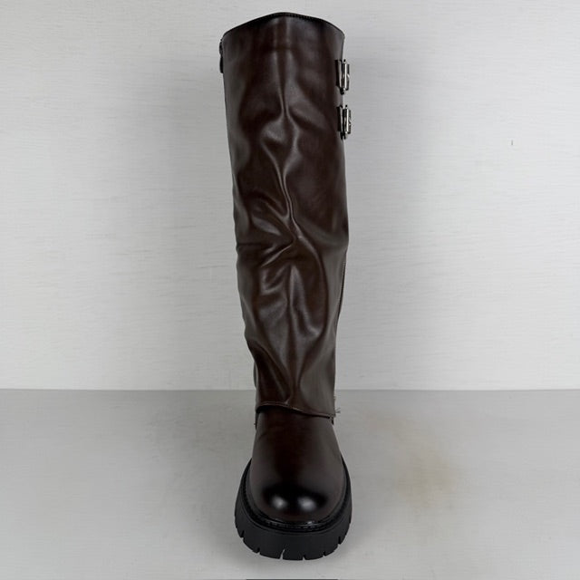 Leatherlook boots met flap en gespjes bruin