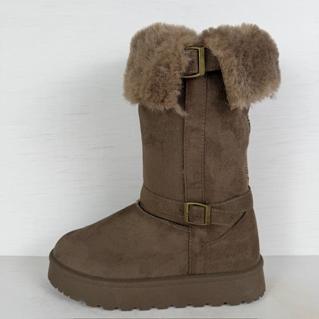 Furry boots met gespjes khaki