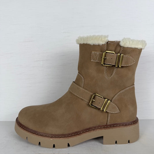 Leatherlook boots met gespjes en teddy randje khaki