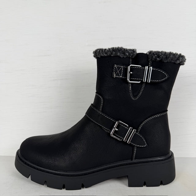 Leatherlook boots met gespjes en teddy randje zwart